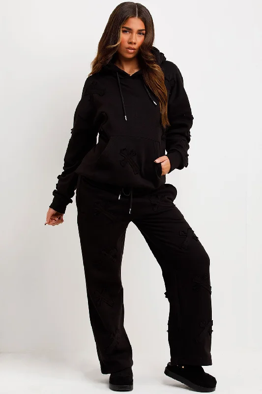 Cross Patch Hoodie And Joggers Tracksuit Lounge Set Black Graphic Hoodie Design Print