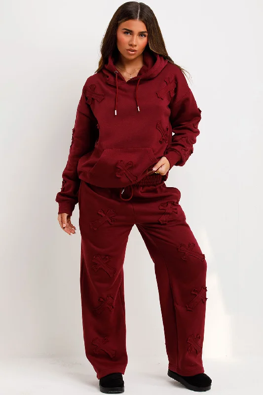 Cross Patch Hoodie And Joggers Tracksuit Lounge Set Burgundy Hoodie with Magnetic Closure Innovative Modern