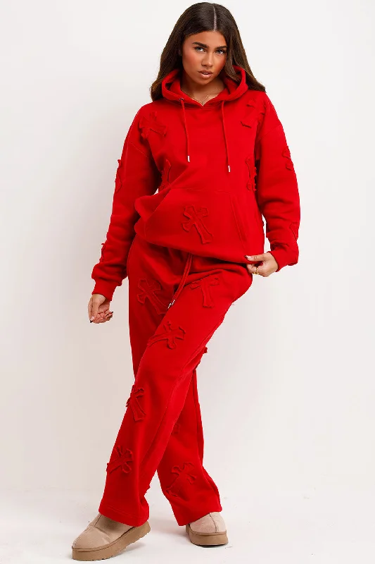 Cross Patch Hoodie And Joggers Tracksuit Lounge Set Red Hoodie with Longline Fit Extended Stylish