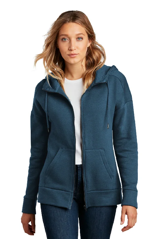 District Womens Perfect Weight Fleece Full Zip Hooded Sweatshirt Hoodie w/ Pockets - Heather Poseidon Blue Hoodie with Half-Zip Sporty Casual