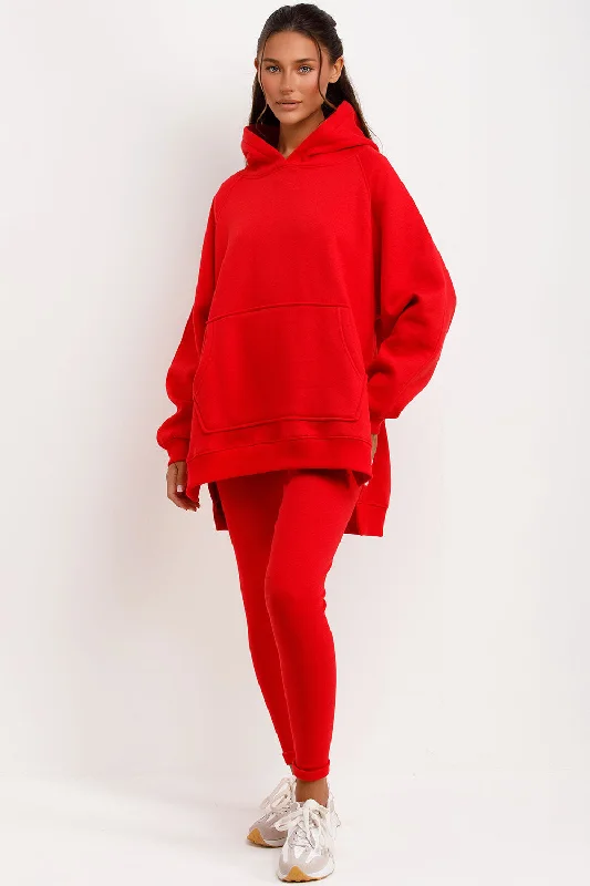 Hoodie And Leggings Set Red Hoodie with Tied Waist Feminine Flattering