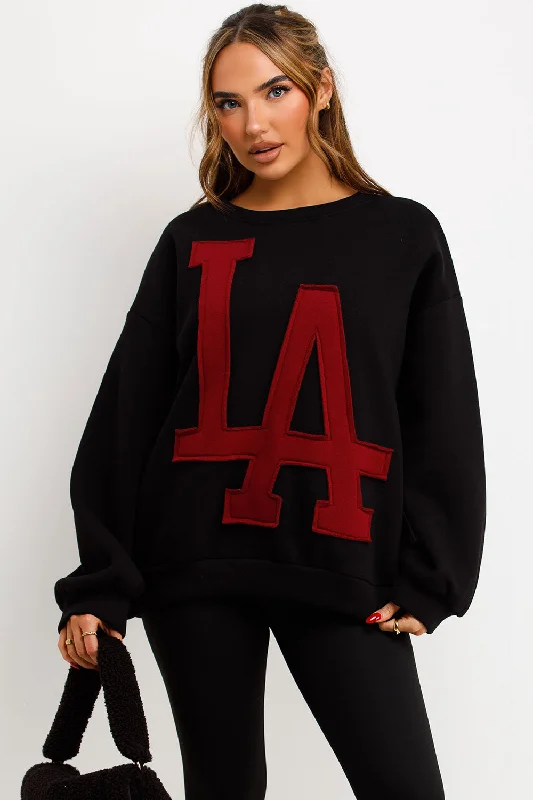 LA Jumper Sweatshirt Black Hoodie with Hem Embroidery Detailed Premium