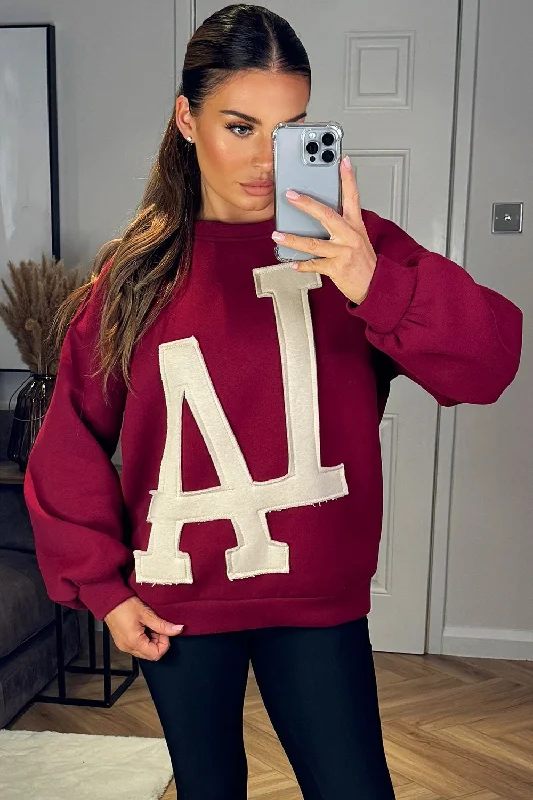 LA Jumper Sweatshirt Burgundy Hoodie with Puffed Sleeves Voluminous Trendy