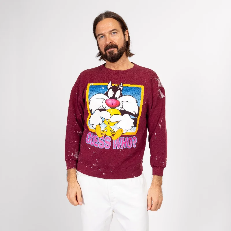 Medium 90s Sylvester & Tweety Bird Paint Splattered Sweatshirt Hoodie with Hem Detail Decorative Unique