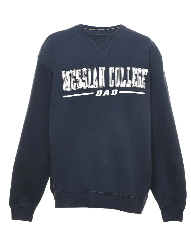 Messiah College Navy & White Printed Sweatshirt - XL Hoodie with Hem Applique Textured Unique