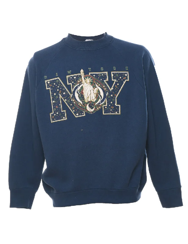 New York Printed Navy Sweatshirt - L Hoodie with Emblem Brand Identity