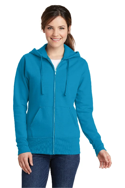 Port & Company Womens Core Pill Resistant Fleece Full Zip Hooded Sweatshirt Hoodie w/ Pockets - Neon Blue Hoodie with High Neck Warm Protective