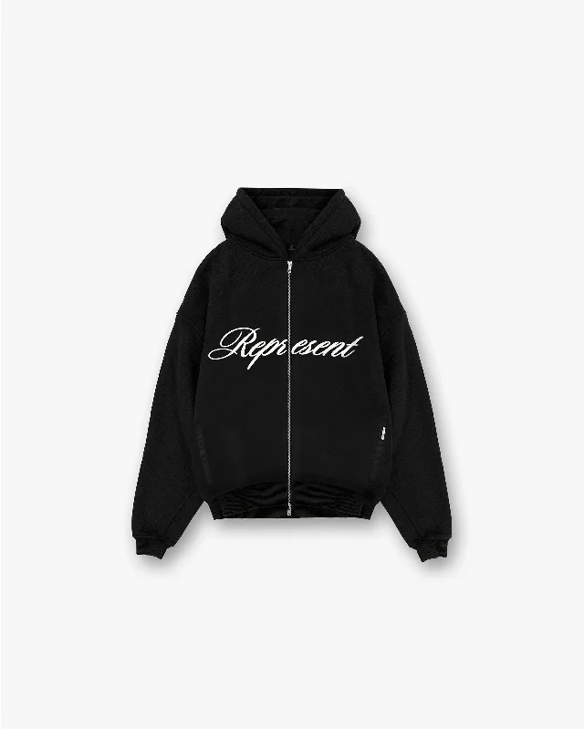 Script Logo Zip Hoodie - Black Hoodie with Ribbed Hem Stretchable Secure