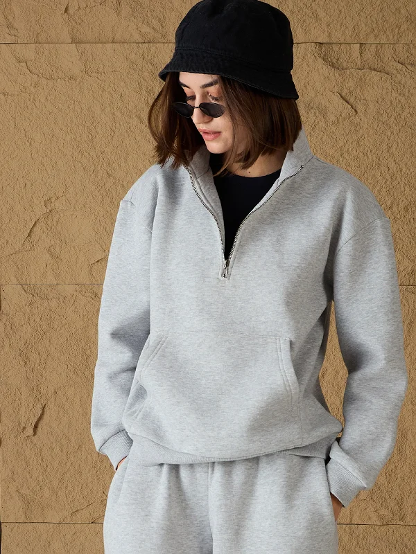 Women Grey Melange Fleece Front Zipper Sweatshirt Hoodie with Drawcord Adjustable Secure