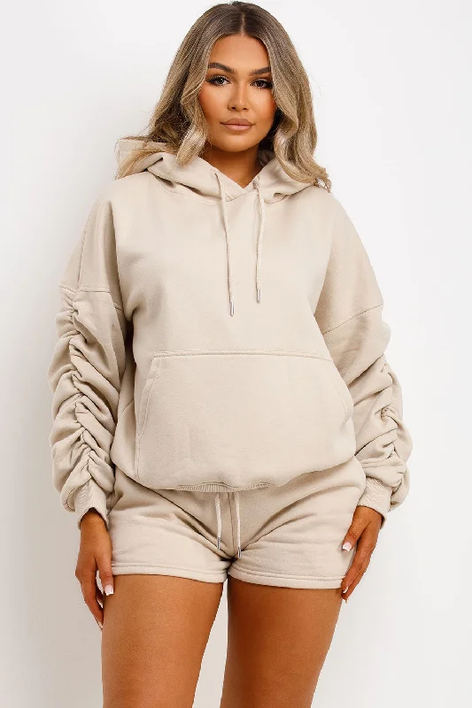 Short Tracksuit With Ruched Sleeve Hoodie Oatmeal Hoodie with Typography Text Message