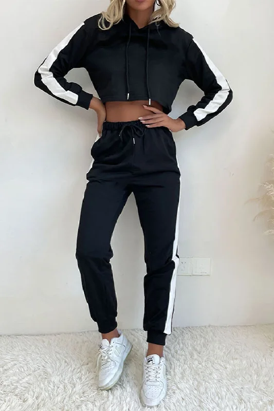 Side Stripe Cropped Hoodie and Jogger Set Hoodie with Toggle Buttons Decorative Unique