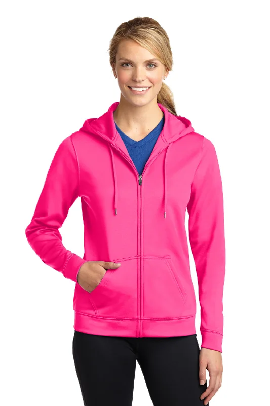 Sport-Tek Womens Sport-Wick Moisture Wicking Fleece Full Zip Hooded Sweatshirt Hoodie w/ Pockets - Neon Pink - Closeout Hoodie Crop Top Short Trendy