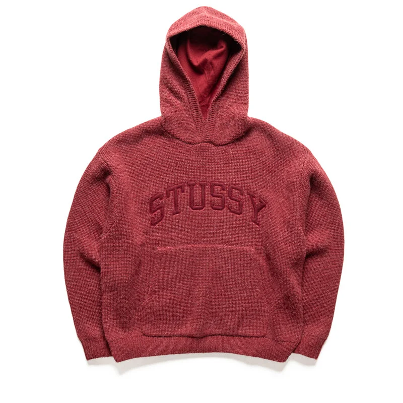 Stussy Felt Patch Knit Hoodie - Burgundy Hoodie with Hem Patch Decorative Personalized