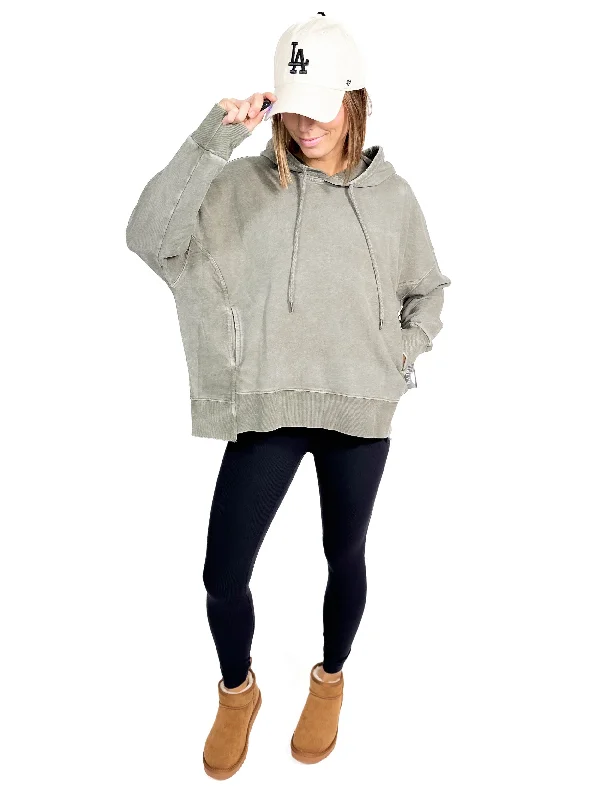 Thora Mineral Wash Oversized Pullover Hoodie- OLIVE Hoodie with Color Block Contrast Stylish