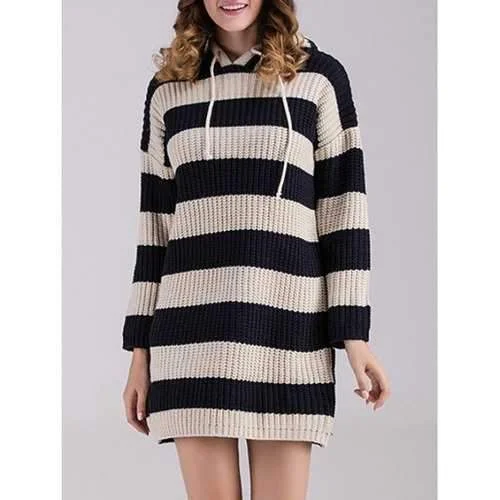 Striped Sweater Dress with Hoodie - Black One Size Hoodie Sweatshirt Pullover