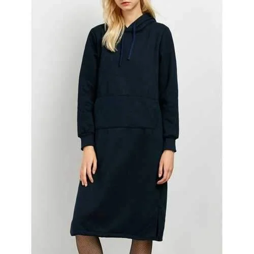 Long Sleeves Hoodie Dress with Pocket - Purplish Blue M Hoodie with High-Low Hem Asymmetrical Trendy