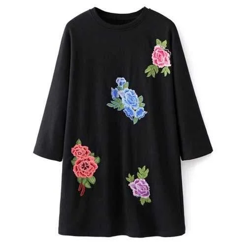 Crew Neck Floral Embroidered Sweatshirt Dress - Black M Hoodie with Frayed Bohemian Relaxed