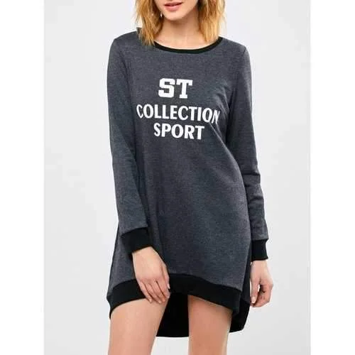 Sport Letter High Low Sweatshirt Dress - Gray M Hoodie with Toggle Buttons Decorative Unique