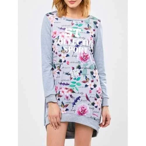 Letter Floral High Low Sweatshirt Dress - Gray L Hoodie with Relaxed Fit Easy Casual