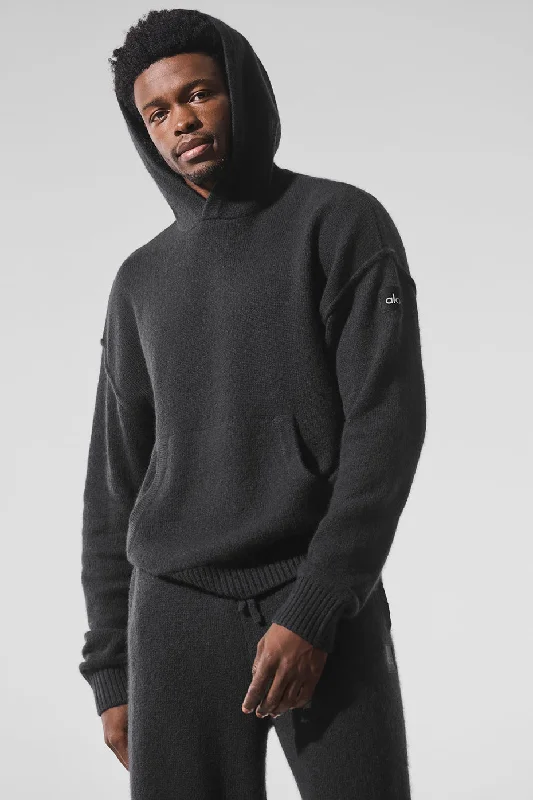 New Class Cashmere Hoodie - Black Hoodie with Ribbed Hem Stretchable Secure