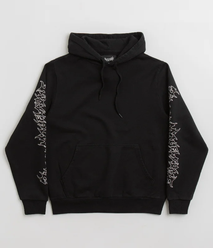 Welcome Barb Sleeve Embroidered Pigment-Dyed Hoodie - Black Hoodie with Side Slits Relaxed Casual