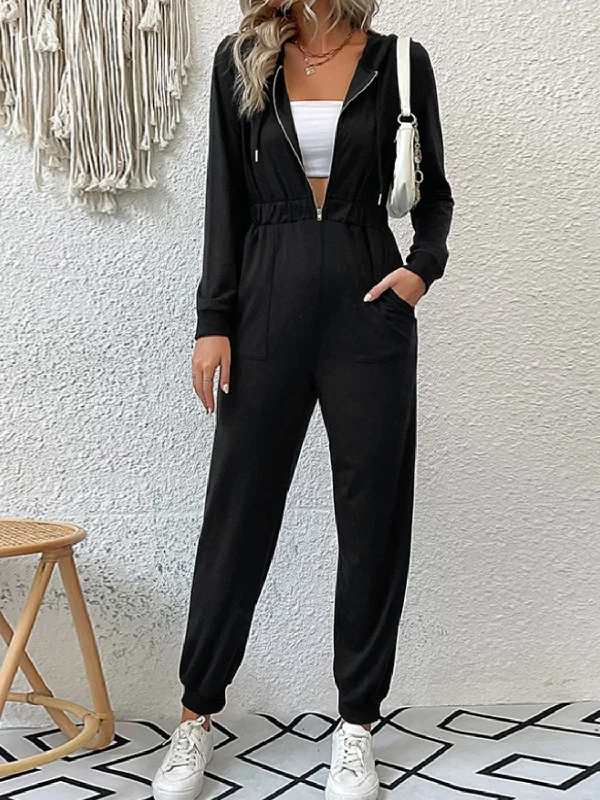 Zip Up Elastic Waist Hooded Jogger Jumpsuit Hoodie with Toggle Buttons Decorative Unique