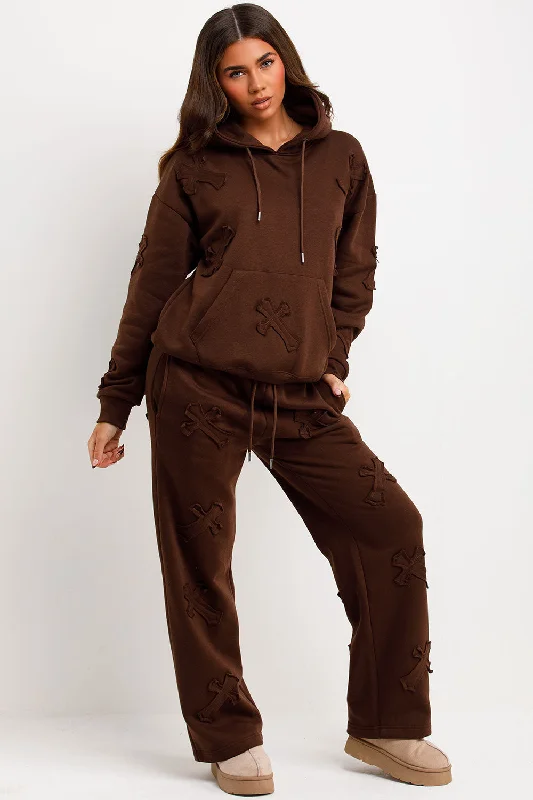 Cross Patch Hoodie And Joggers Tracksuit Lounge Set Chocolate Hoodie with Zipper Placket Modern Functional