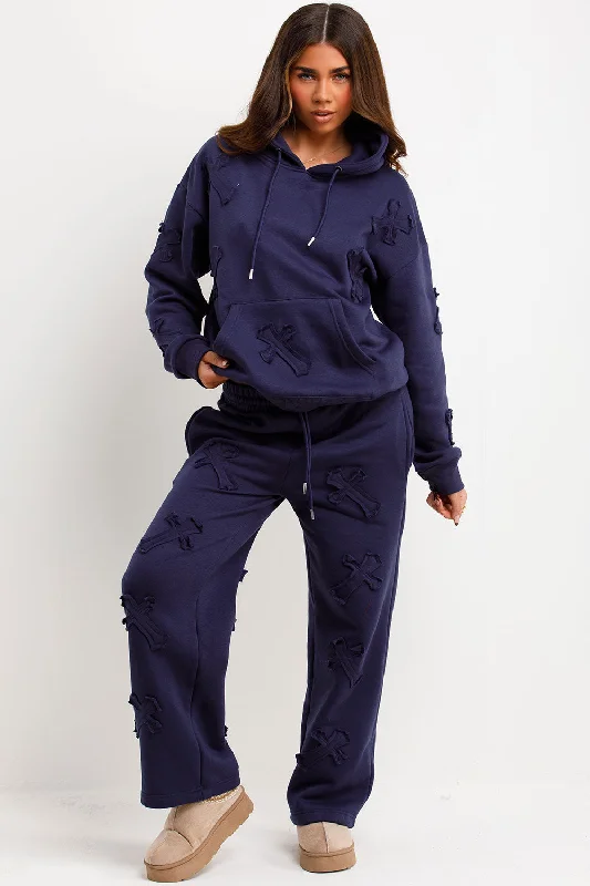 Cross Patch Hoodie And Joggers Tracksuit Lounge Set Navy Hoodie with Hem Lace Feminine Delicate