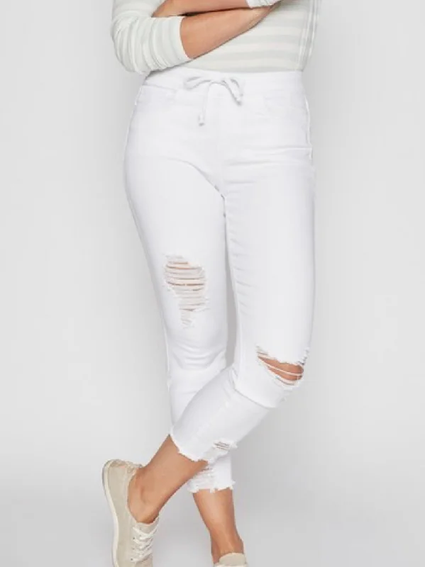 Distressed White Petite High Rise Pull On Pants High-Waist Jeans