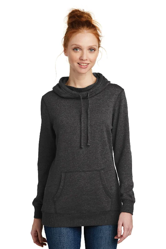 District Womens Fleece Hooded Sweatshirt Hoodie w/ Pouch Pocket - Heather Black Hoodie with Mock Neck Collared Structured