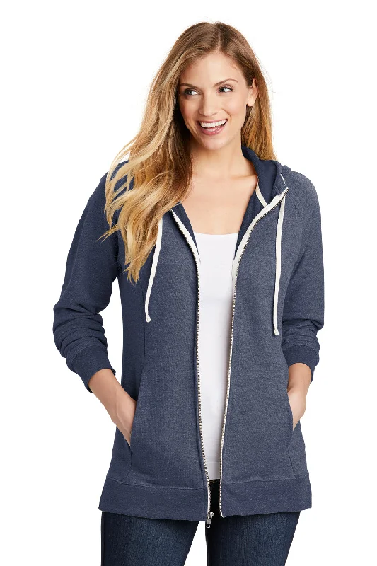 District Womens Perfect French Terry Full Zip Hooded Sweatshirt Hoodie w/ Pockets - New Navy Blue Hoodie with Hem Frayed Vintage Worn