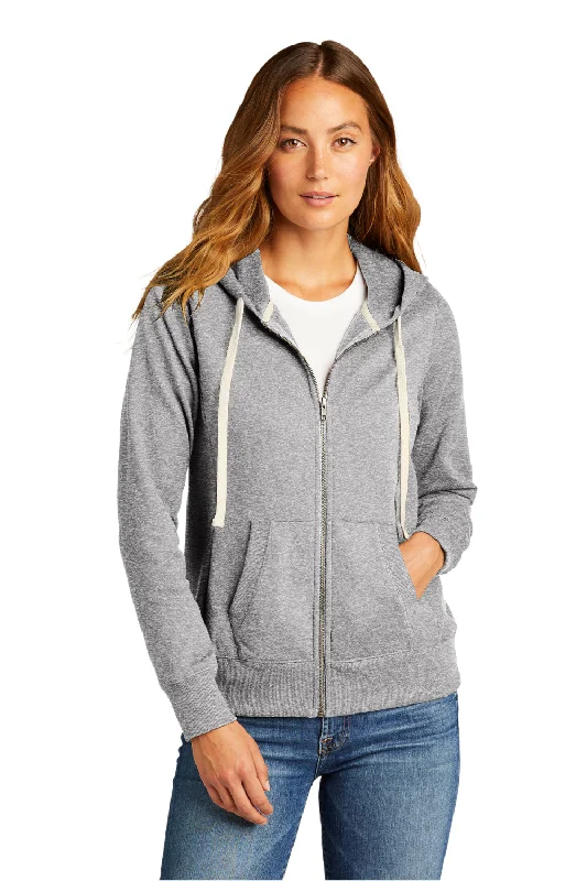 District Womens Re-Fleece Full Zip Hooded Sweatshirt Hoodie w/ Pockets - Heather Light Grey Hoodie with Ribbed Hem Stretchable Secure