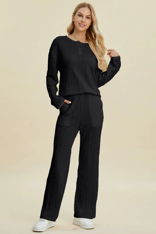 Double Take Full Size Cable-Knit Long Sleeve Top and Pants Set Trendy Printed Pants