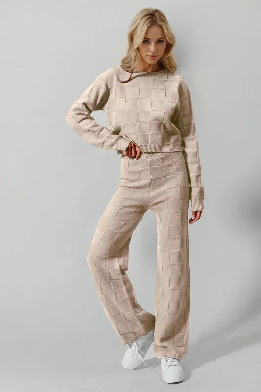 Double Take Full Size Checkered Round Neck Top and Pants Set Formal Stretch Pants