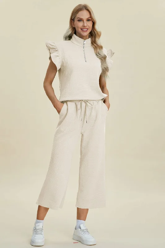 Double Take Full Size Texture Ruffle Short Sleeve Top and Wide Leg Pants Set Cozy Lounge Pants