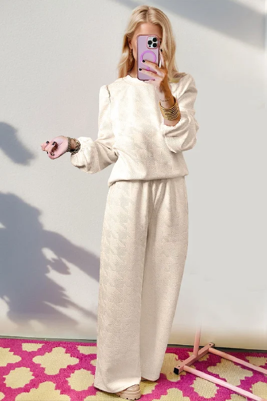 Double Take Texture Long Sleeve Top and Wide Leg Pants Set Classic Straight-Leg Pants