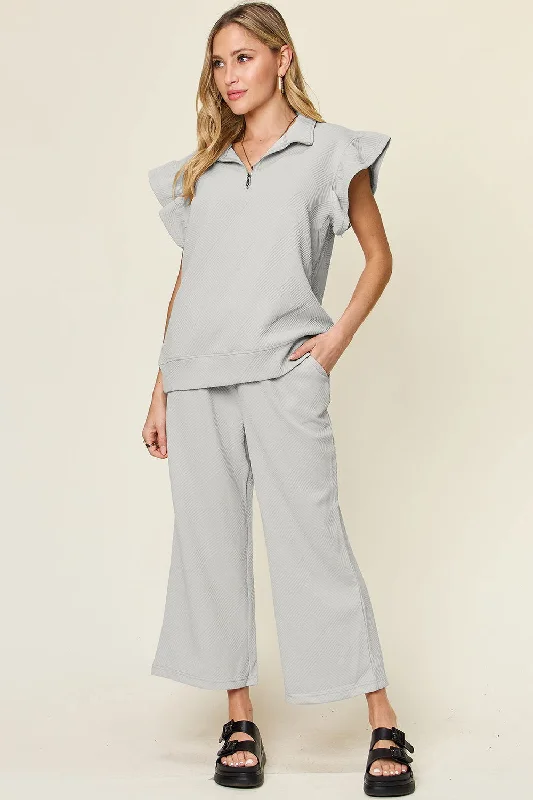 Double Take Texture Ruffle Short Sleeve Top and Drawstring Wide Leg Pants Set Comfy Athletic Pants