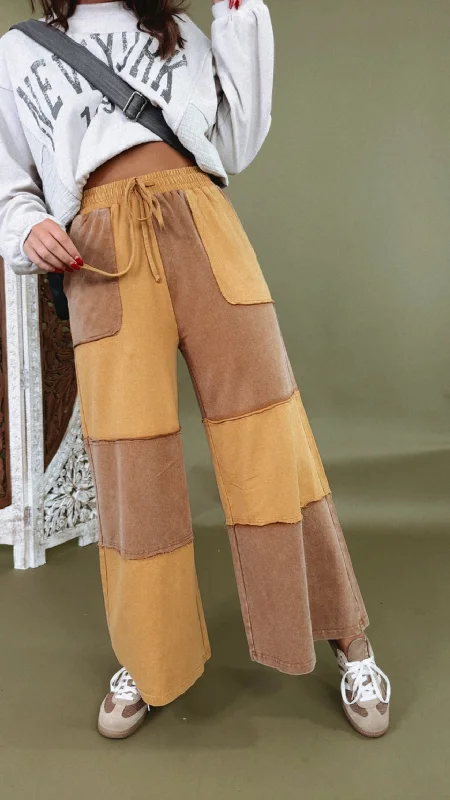 Elevated Casual Colorblock Wide Leg Pant, Mocha/Mustard Formal Linen Trousers