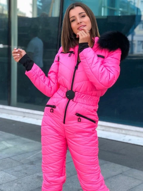 Fur Hooded Ski Jumpsuit Women Elastic Waisted Coat Long Sleeve Outerwear Hoodie with Mesh Breathable Sporty