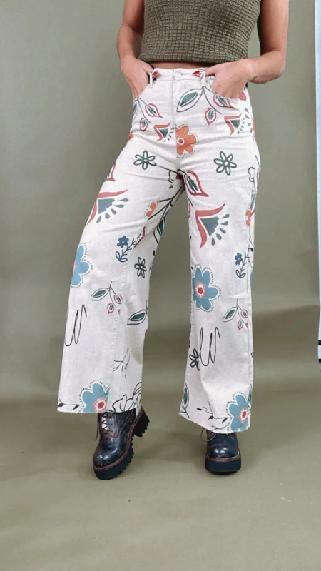 Happier Days Floral Printed Wide Leg Pants Stylish Paperbag Waist Pants