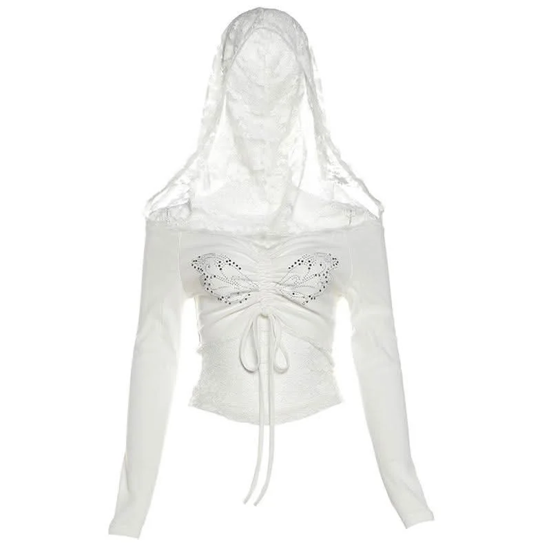 Hoodie off shoulder long sleeve lace beaded drawstring top Hoodie with Hem Elastic Stretchable Comfortable