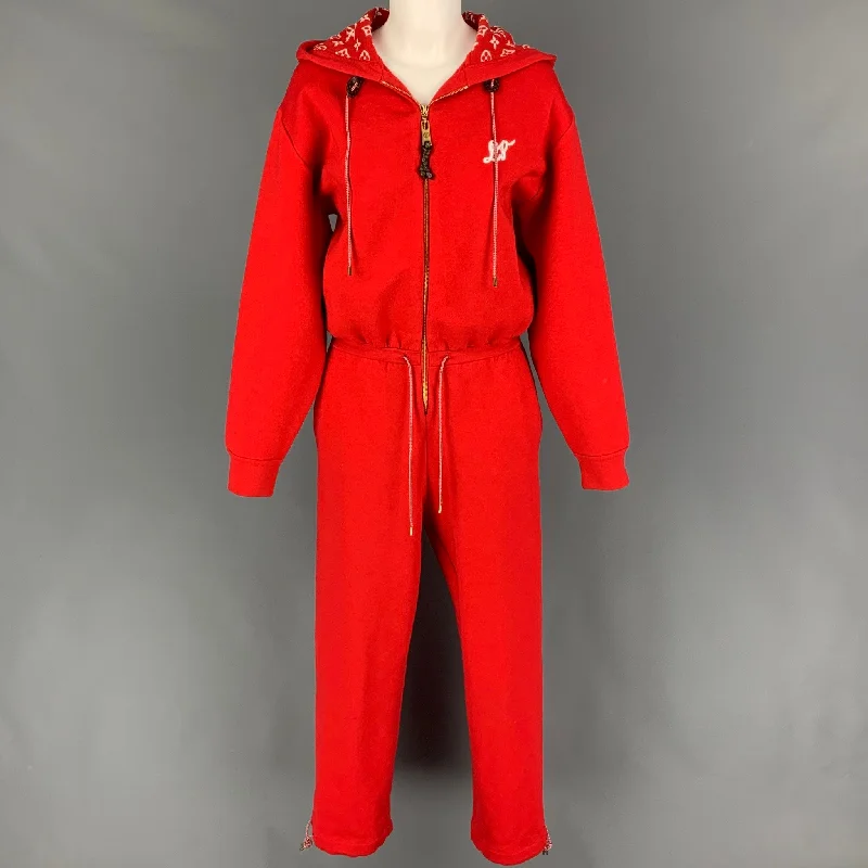 LOUIS VUITTON Size S Red White Viscose Blend Hooded Jumpsuit Hoodie with Logo Branding Identity