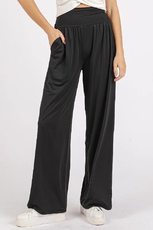 Mittoshop Stretch Banded Waist Wide Leg Pants with Pockets In Black Relaxed High-Waist Trousers