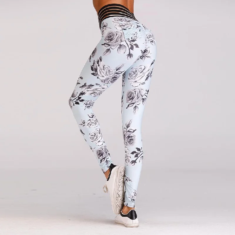 Nanette -- Women's Floral Yoga Pants -- Blue Wide-Legged Palazzos