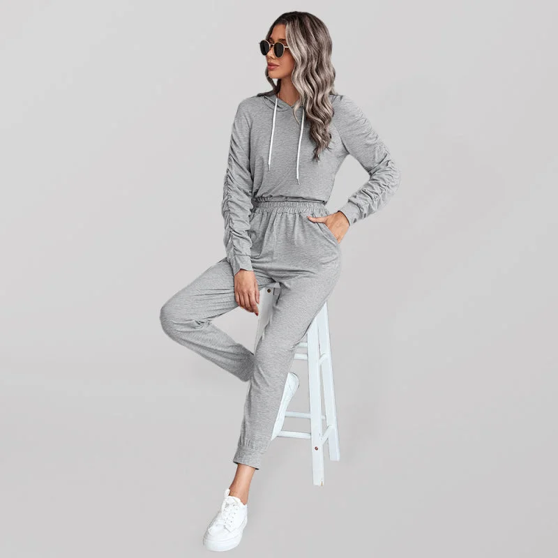 New solid color casual pleated hooded long-sleeved suit Hoodie with Batwing Sleeves Loose Dramatic