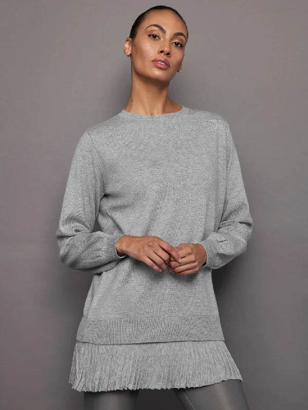 Pallas Pleated Sweatshirt Dress - Grey Hoodie with Elastic Waist Stretchable Comfortable