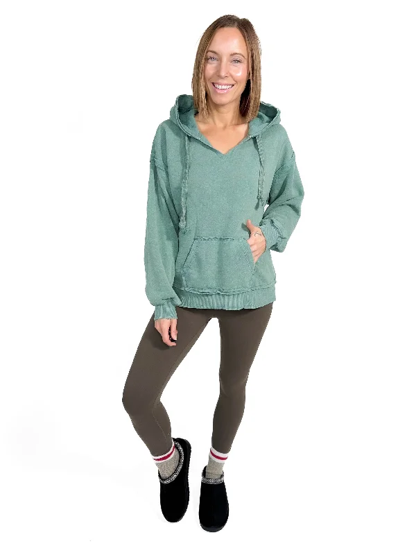 Reggie Distressed Hoodie- SAGE -FINAL SALE Hoodie with Hem Elastic Stretchable Comfortable