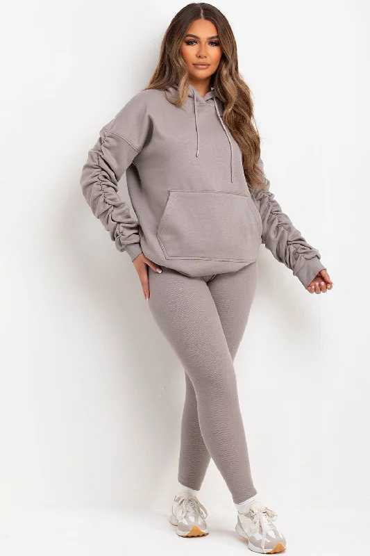 Ruched Sleeve Hoodie And Leggings Loungewear Set Dove Grey Hoodie Crop Top Short Trendy