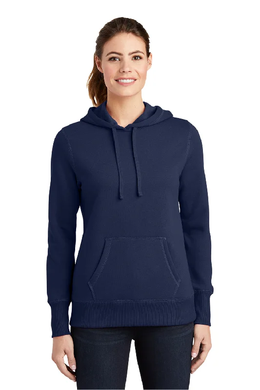 Sport-Tek Womens Shrink Resistant Fleece Hooded Sweatshirt Hoodie w/ Pouch Pocket - True Navy Blue Hoodie with Slit Hem Functional Movement