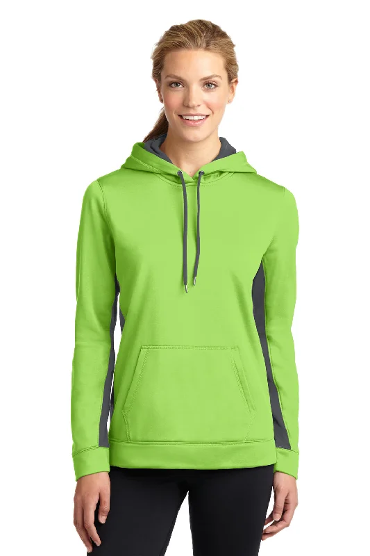 Sport-Tek Womens Sport-Wick Moisture Wicking Fleece Hooded Sweatshirt Hoodie w/ Pouch Pocket - Lime Shock Green/Dark Smoke Grey - Closeout Hoodie with Back Slit Movement Comfort